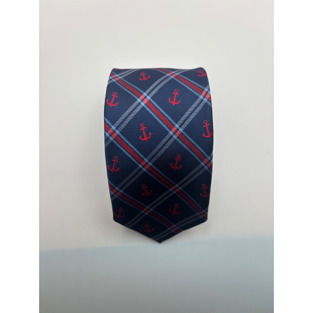 US Polo Assn Mens Tie Navy Blue Red Plaid Anchor Nautical Silk Blend Hand Made